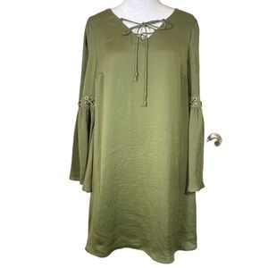 Venus women Small Boho Green bell lace up sleeve lined back zip tunic mini dress